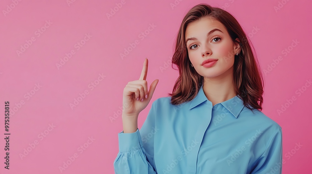 A woman with long brown hair is wearing a light blue collared shirt. She's looking directly at the camera and pointing with her index finger, 