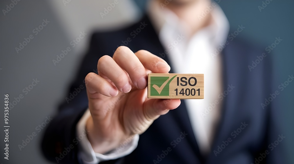 A businessman holding a small wooden block with a green checkmark and 'ISO 14001' written on it. ISO 14001 certified, iso 14001 environmental management system A businessman holding a small wooden block with a green checkmark and 'ISO 14001' written on it. ISO 14001 certified, iso 14001 environmental management system