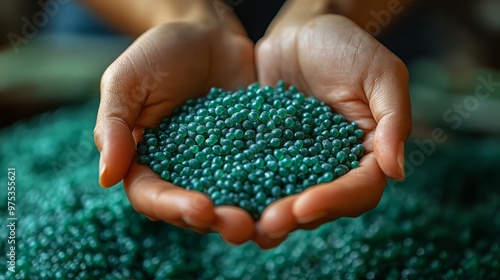 Green, homogeneous, round bioplastic granules in hands taken out of a bag, close-up