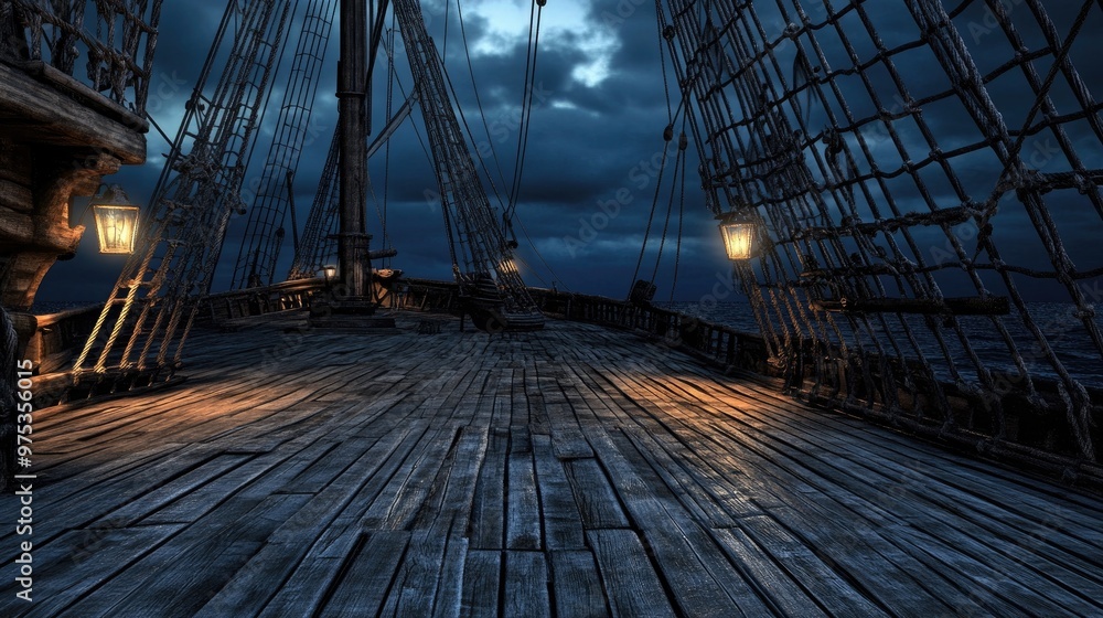 Fototapeta premium A deserted pirate ship deck with wooden planks, sails, and rigging, set against a moody sky backdrop for a theater stage scene.