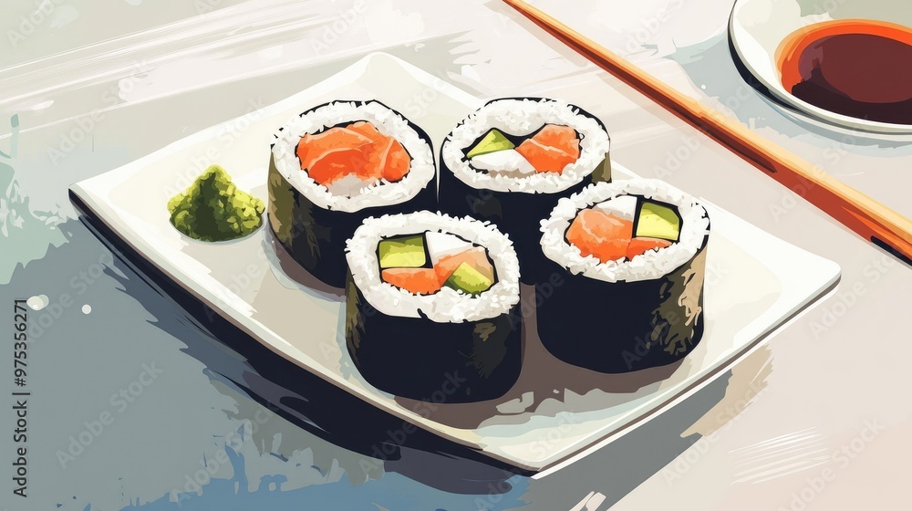 A detailed vector illustration of sushi pieces with rice, wasabi, and soy sauce, artistically arranged on a plate. A detailed vector illustration of sushi pieces with rice, wasabi, and soy sauce, artistically arranged on a plate.
