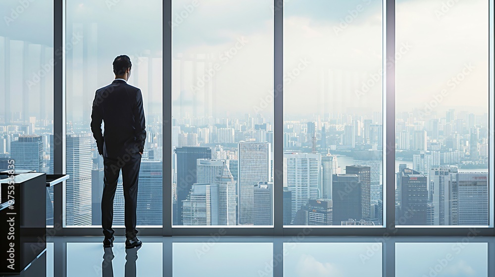 Businessman in suit standing by window, gazing thoughtfully at cityscape, symbolizing strategic decision-making in corporate buyout scenario. Businessman in suit standing by window, gazing thoughtfully at cityscape, symbolizing strategic decision-making in corporate buyout scenario.