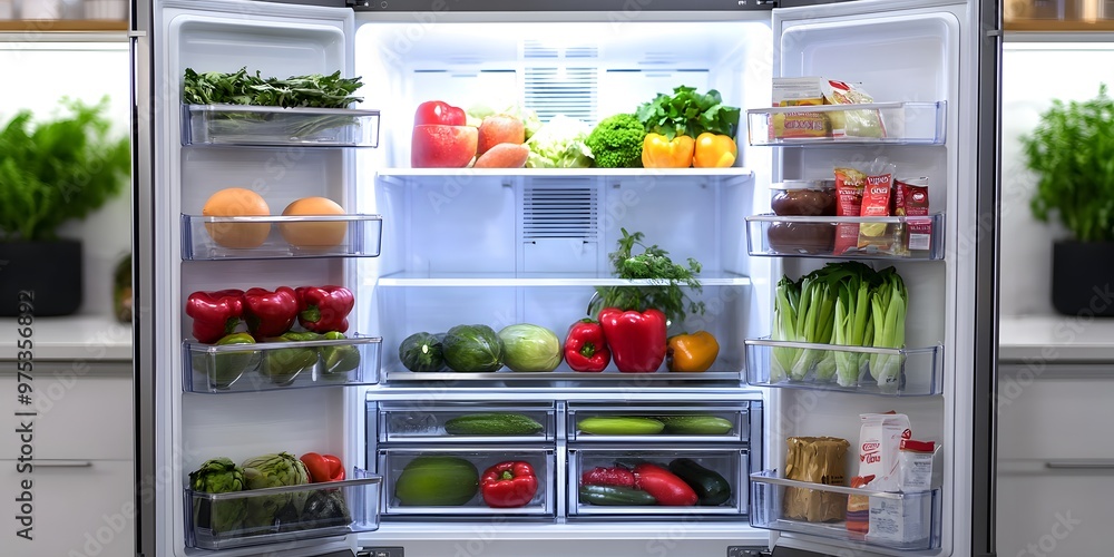 Well-Stocked Refrigerator with Fresh Produce Well-Stocked Refrigerator with Fresh Produce
