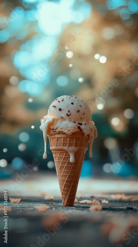 Ice cream cone with chocolate chips in sunny park, colorful bokeh. Sweet indulgence and summer treat concept