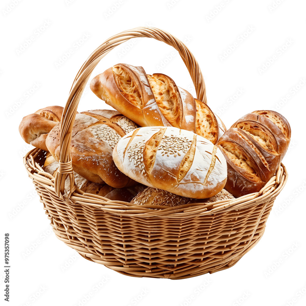 Assortment of bread in basket isolated on transparent background, cut out Assortment of bread in basket isolated on transparent background, cut out