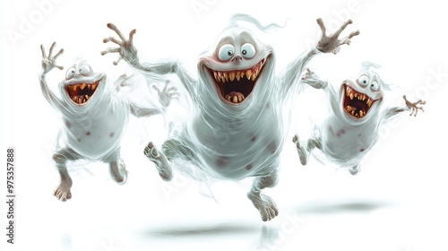 Characters of playful, mischievous poltergeists causing havoc, with transparent bodies and mischievous smiles, white background  photo