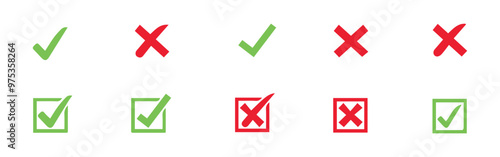 check mark icon button set. check box icon with right and wrong buttons and yes or no checkmark icons in green tick box and red cross vector.