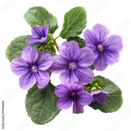 Violet Flowers with Green Leaves on White Background Isolated on Transparent or White Background, PNG