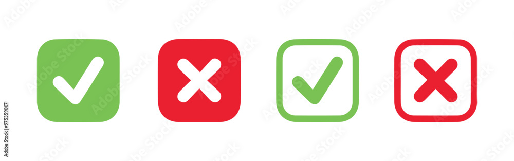 check mark icon button set. check box icon with right and wrong buttons and yes or no checkmark icons in green tick box and red cross vector. check mark icon button set. check box icon with right and wrong buttons and yes or no checkmark icons in green tick box and red cross vector.