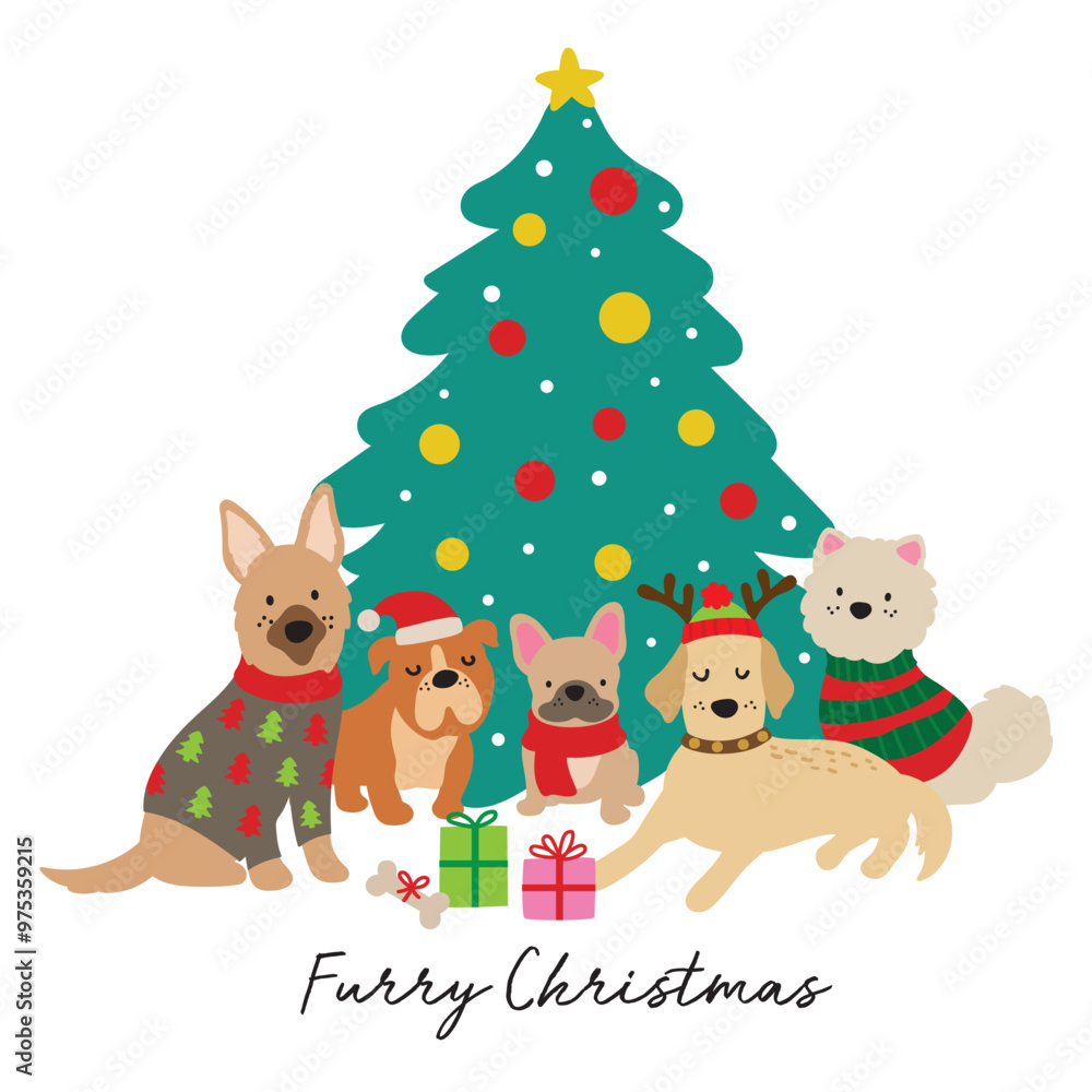 Vector illustration of cute dogs of different breeds in holiday outfits under a Christmas tree. Vector illustration of cute dogs of different breeds in holiday outfits under a Christmas tree.