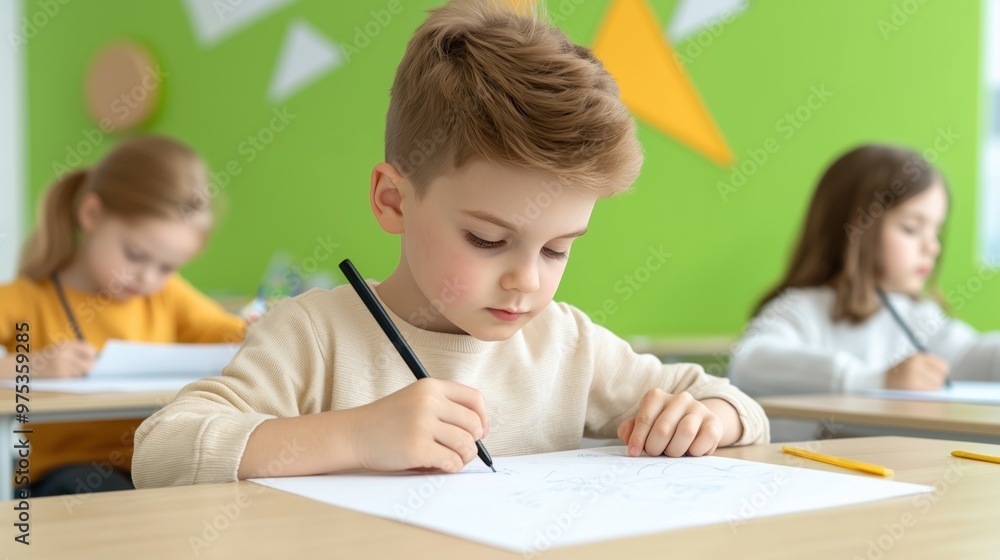 Focused young children drawing at school in a creative classroom Focused young children drawing at school in a creative classroom