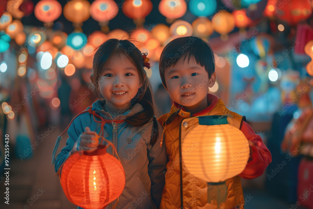 Fototapeta premium Chinese New Year, two children holding lanterns