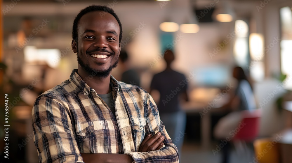 Fototapeta premium Smiling Black Man in Plaid Shirt with Arms Crossed in Office Setting