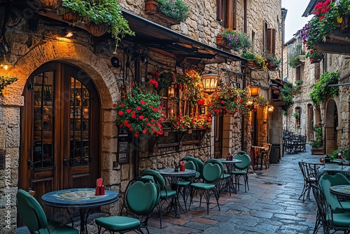 Photo of an Italian cafe with tables and chairs outside
