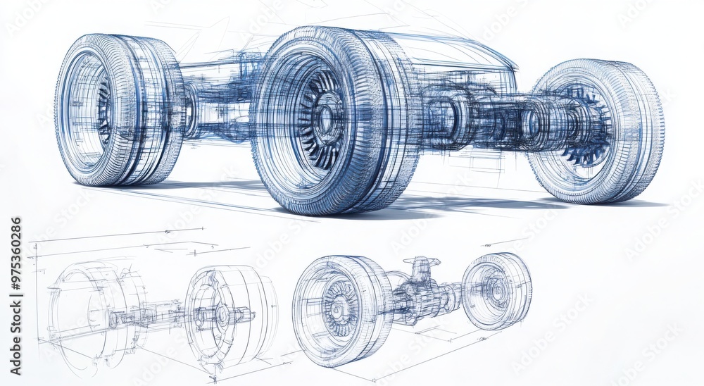 Blueprint wireframe of an EV torque vectoring system with gearlike ...