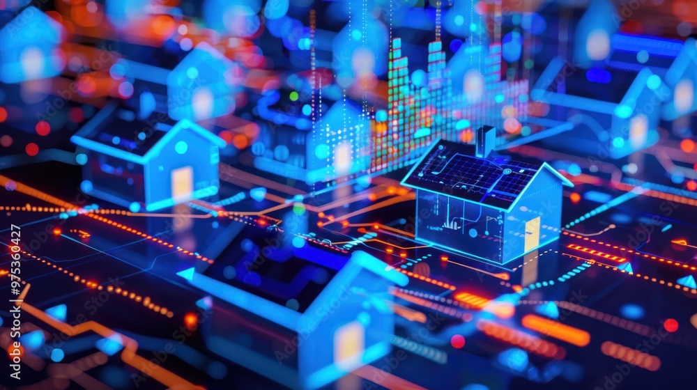 Obraz premium photograph of A dynamic representation of smart housing data analytics, this digital model displays illuminated blue houses with rising graphs indicating technological progress.