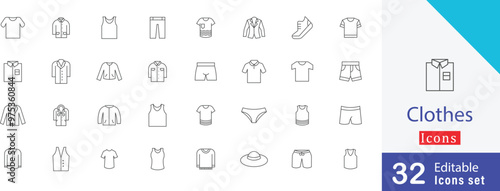 clothes editable outline icon style. containing t-shirt, jeans, dress,  pants, shirt, underwear, shoes, bikini and more stroke icons