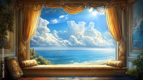 Opulent Ocean View: A Stunning Window Seat with Luxurious Drapes – Perfect for a Sports Room Poster, Featuring Sunlit Waves and Serene Skies