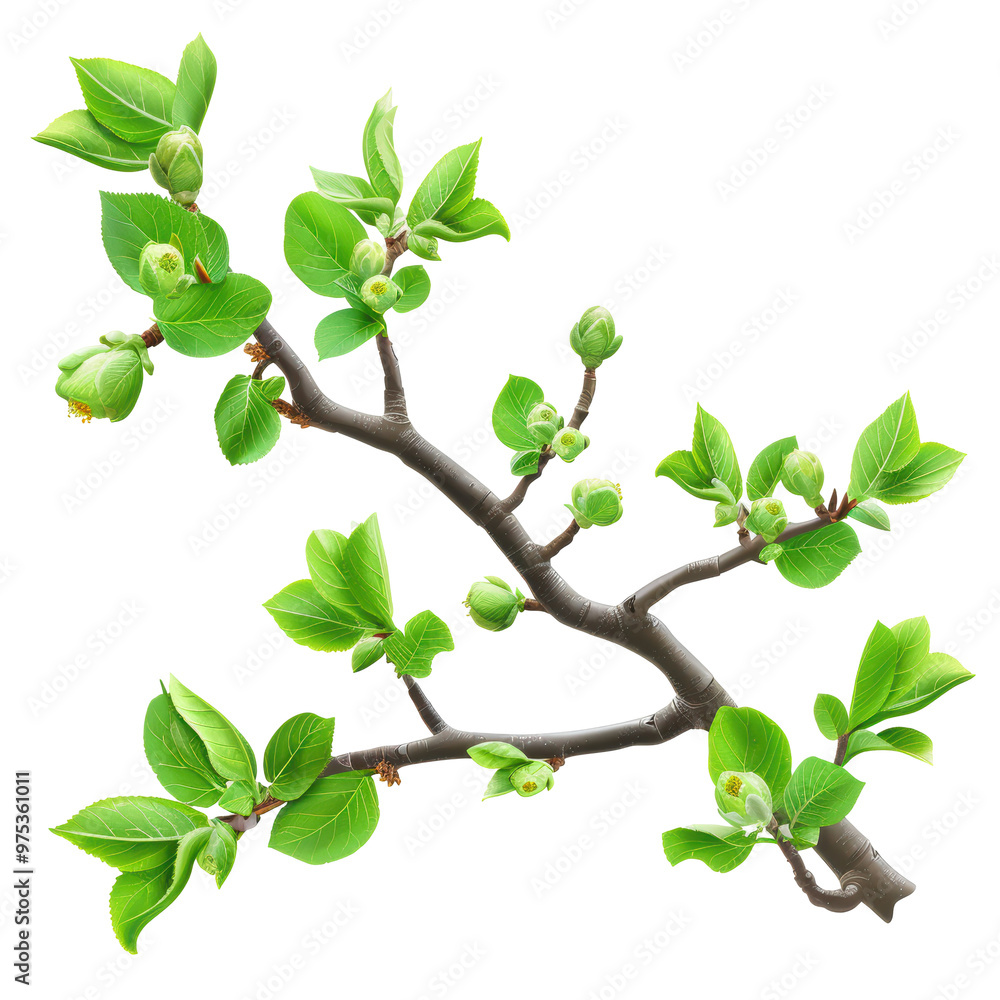 Tree Branch with Fresh Leaves and Flower Buds Isolated on Transparent or White Background, PNG Tree Branch with Fresh Leaves and Flower Buds Isolated on Transparent or White Background, PNG