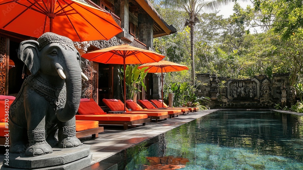Obraz premium Transform Your Space with a Serene Oasis Poster: Elephants, Reflective Pools, Stylish Loungers, and Vibrant Umbrellas for Sporty Interiors and Relaxing Ambiance