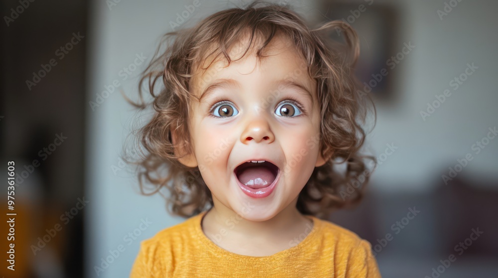 A young child, looking surprised and joyful after hearing good news. The child's face is lit up with excitement, showing their happiness. A young child, looking surprised and joyful after hearing good news. The child's face is lit up with excitement, showing their happiness.