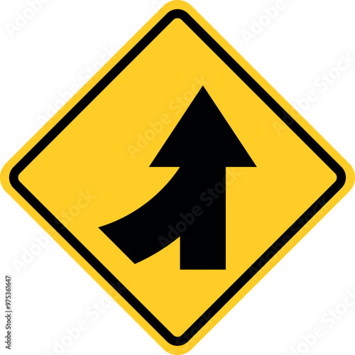 Sign fork in the road. Road fork point. The road splits. Warning yellow diamond road sign. Turn left or right. Rhombus sign.