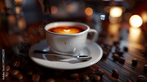 Photorealistic image of a rich espresso shot served in a small white cup on a saucer with a teaspoon surrounded by coffee beans creating a cozy cafe ambiance