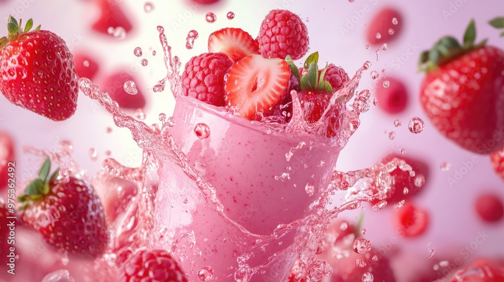 Flowing splashes and drops of cool strawberries and raspberries smoothie in mid-air, Flowing splashes and drops of cool strawberries and raspberries smoothie in mid-air,