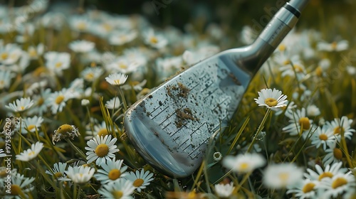 The shaft and head of a steel lob wedge golf club in a daisy covered bit of rough photo