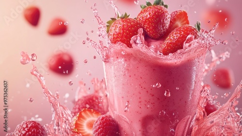 Flowing splashes and drops of cool strawberries and raspberries smoothie in mid-air,