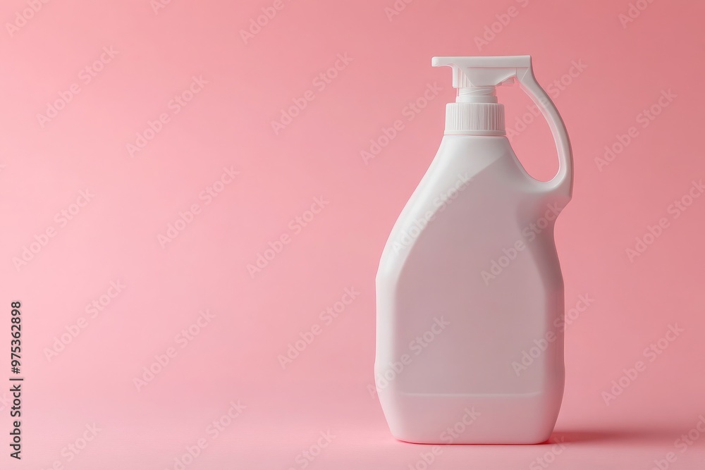 White plastic bottle for liquid laundry detergent, with a handle White plastic bottle for liquid laundry detergent, with a handle