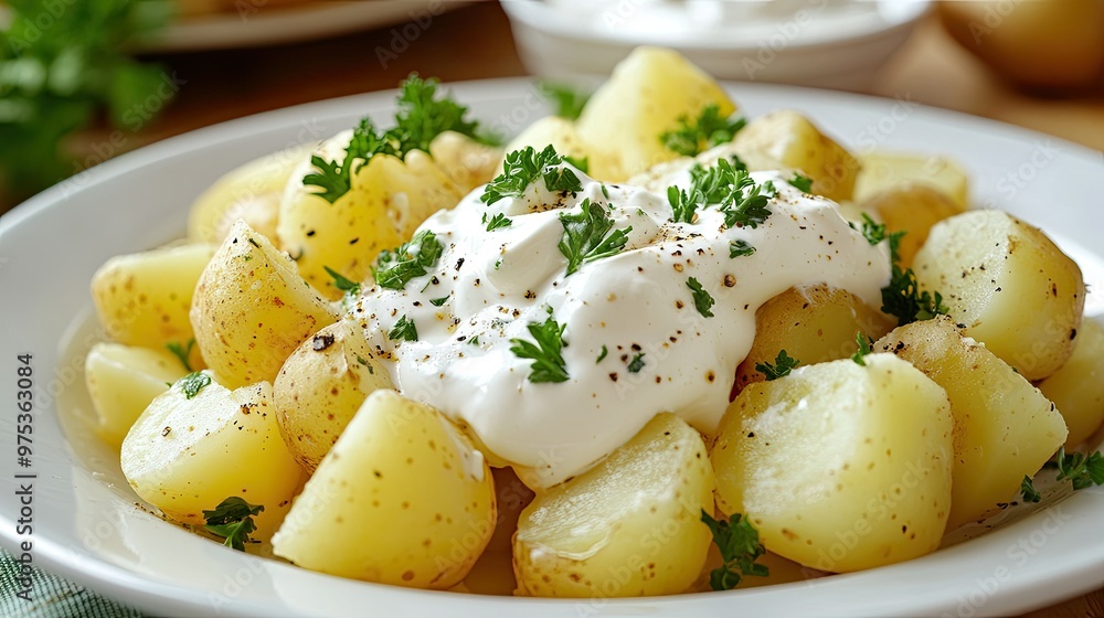 A comforting dish of boiled potatoes, generously topped with sour cream and garnished with fresh parsley, presented on a white plate. A comforting dish of boiled potatoes, generously topped with sour cream and garnished with fresh parsley, presented on a white plate.