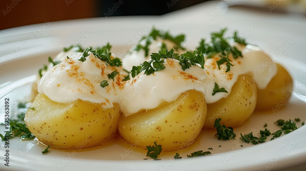 A comforting dish of boiled potatoes, generously topped with sour cream and garnished with fresh parsley, presented on a white plate. A comforting dish of boiled potatoes, generously topped with sour cream and garnished with fresh parsley, presented on a white plate.