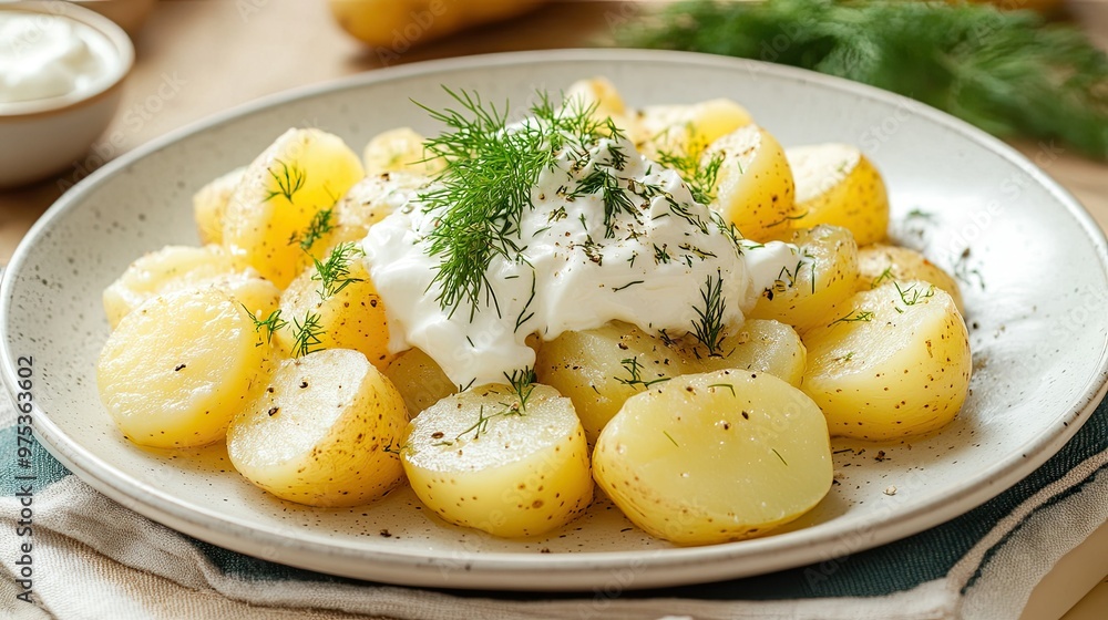 A cozy dish of boiled potatoes, topped with sour cream and garnished with fresh dill, served on a white ceramic plate. A cozy dish of boiled potatoes, topped with sour cream and garnished with fresh dill, served on a white ceramic plate.