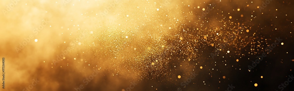 A dark background with a cluster of sparkling golden glitter and bokeh lights in the center. A dark background with a cluster of sparkling golden glitter and bokeh lights in the center.