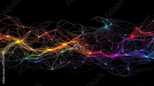 Abstract multicolor network of interconnected lines on black background, representing digital communication and neural connections.