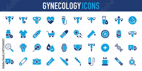 Gynecology icons set. Fallopian Tubes, Female Organs, Ovary, Heart Beat, Ultrasound, Uterus, Blood Test, Vagina, Medical Checkup, Maternity, Medicine Jar, Breast Milk, Baby Cloth vector.