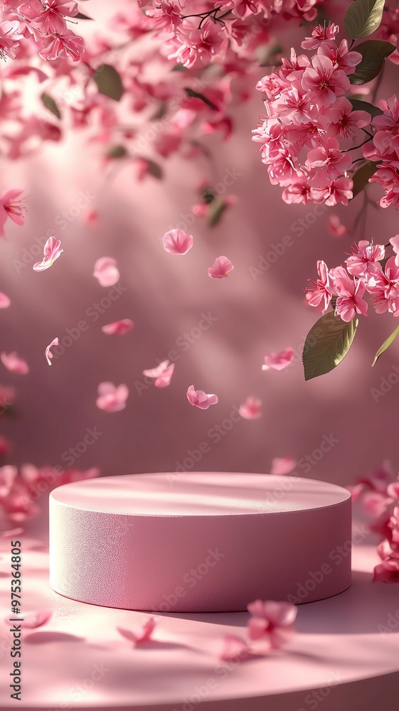 A serene scene featuring a pink podium surrounded by delicate pink flowers, perfect for branding and product displays. A serene scene featuring a pink podium surrounded by delicate pink flowers, perfect for branding and product displays.