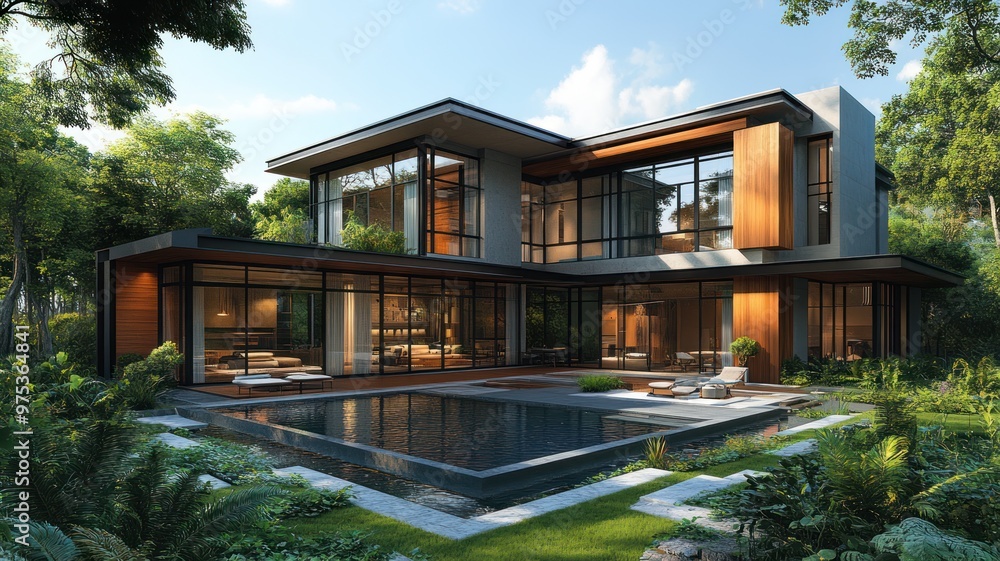 Modern house with large windows and a pool in a lush garden. Modern house with large windows and a pool in a lush garden.