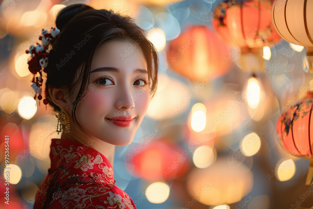 In the evening, Chinese New Year, young women on the streets In the evening, Chinese New Year, young women on the streets