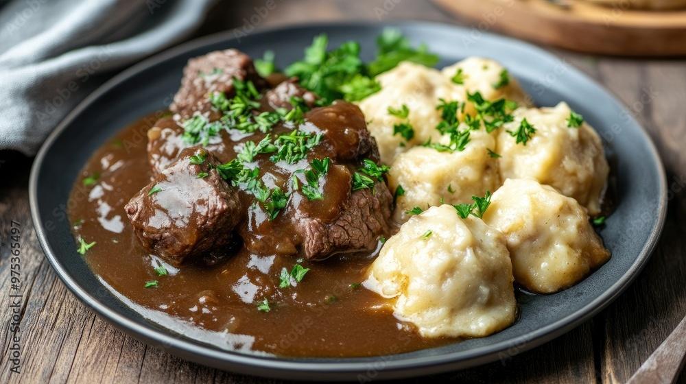 A plate of boiled beef, dumplings, and gravy, garnished with fresh parsley, making for a hearty and comforting meal. A plate of boiled beef, dumplings, and gravy, garnished with fresh parsley, making for a hearty and comforting meal.
