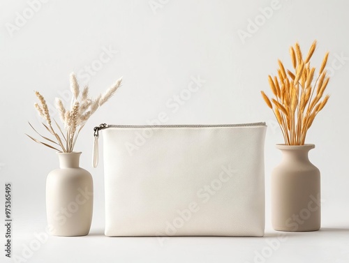 Blank canvas zipper pouch in a creative composition with neutral props, ideal for lifestyle product mockups and commercial use photo