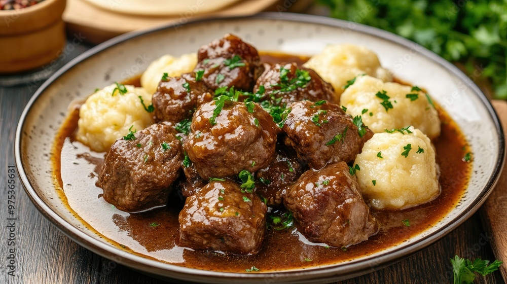 A plate of boiled beef with fluffy dumplings and savory sauce, garnished with fresh parsley. The dish exudes warmth and home-cooked comfort. A plate of boiled beef with fluffy dumplings and savory sauce, garnished with fresh parsley. The dish exudes warmth and home-cooked comfort.