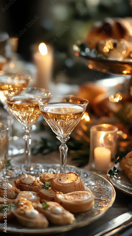 A close-up of a fancy, elegant, and romantic dinner setting featuring a plate of appetizers and wine glasses in front of burning candles. A close-up of a fancy, elegant, and romantic dinner setting featuring a plate of appetizers and wine glasses in front of burning candles.
