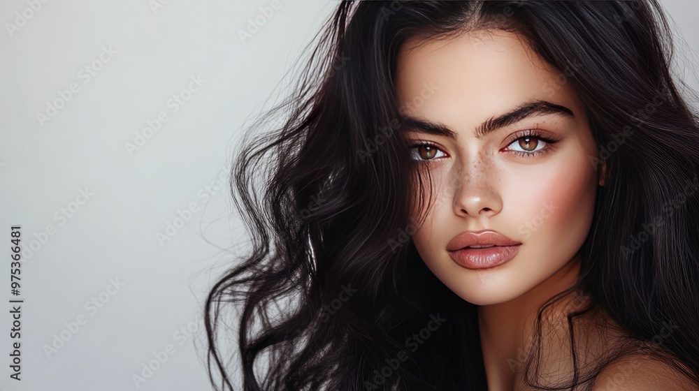 Naklejka premium Gorgeous dark-haired model with glossy waves, perfect for beauty, fashion,