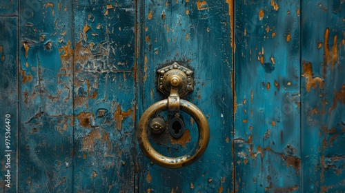 A minimalist shot of an old brass door knocker on a faded blue door