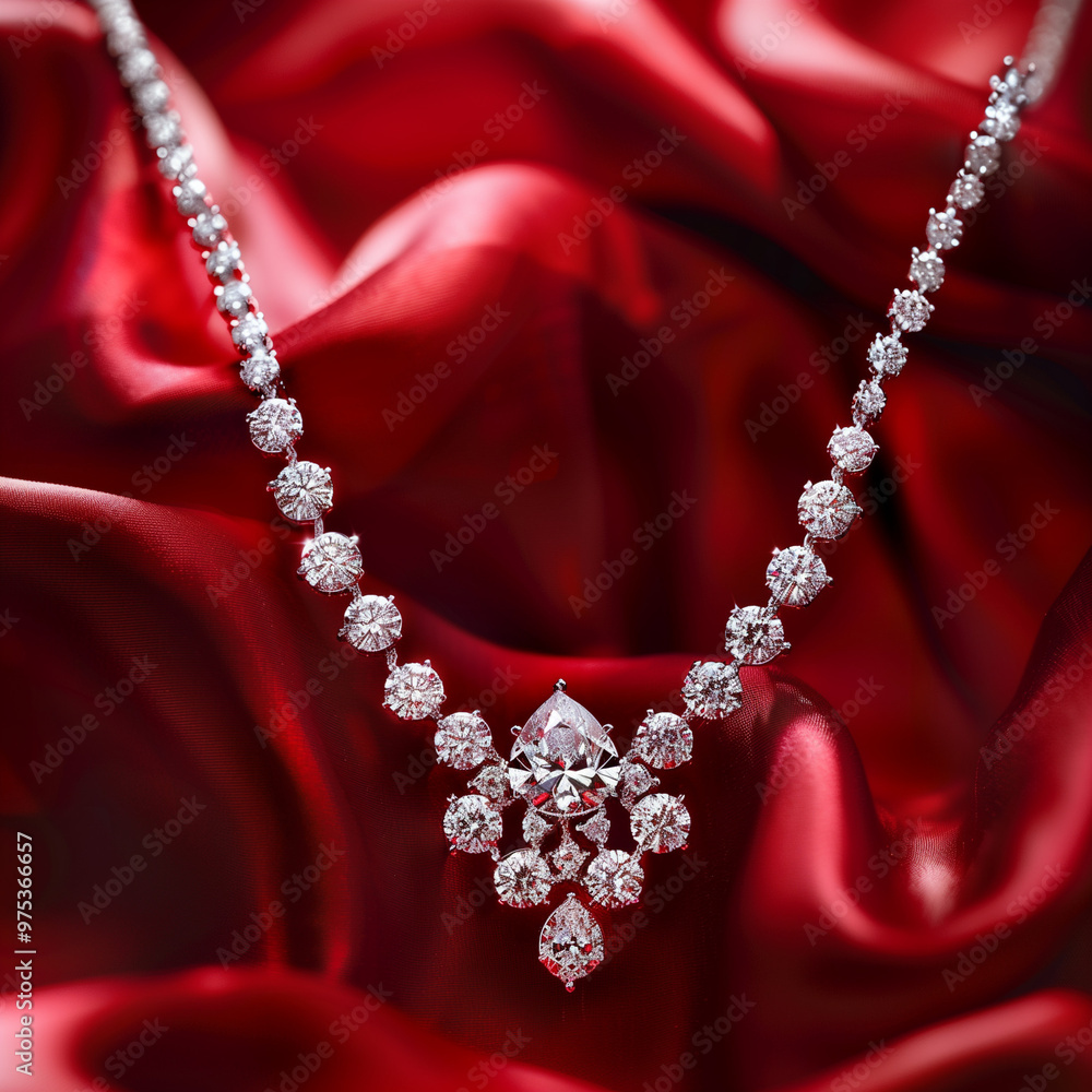 A necklace made of diamonds and pearls is displayed on a red cloth. A necklace made of diamonds and pearls is displayed on a red cloth.