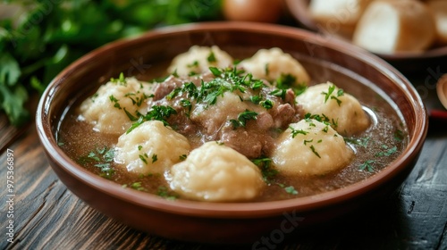 A rustic plate of boiled beef, fluffy dumplings, and a rich sauce, garnished with fresh herbs. A perfect meal for a cozy dinner.