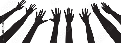 Many hands raised up against the sky. Friendship, Teamwork flat icon  concept, vector. 