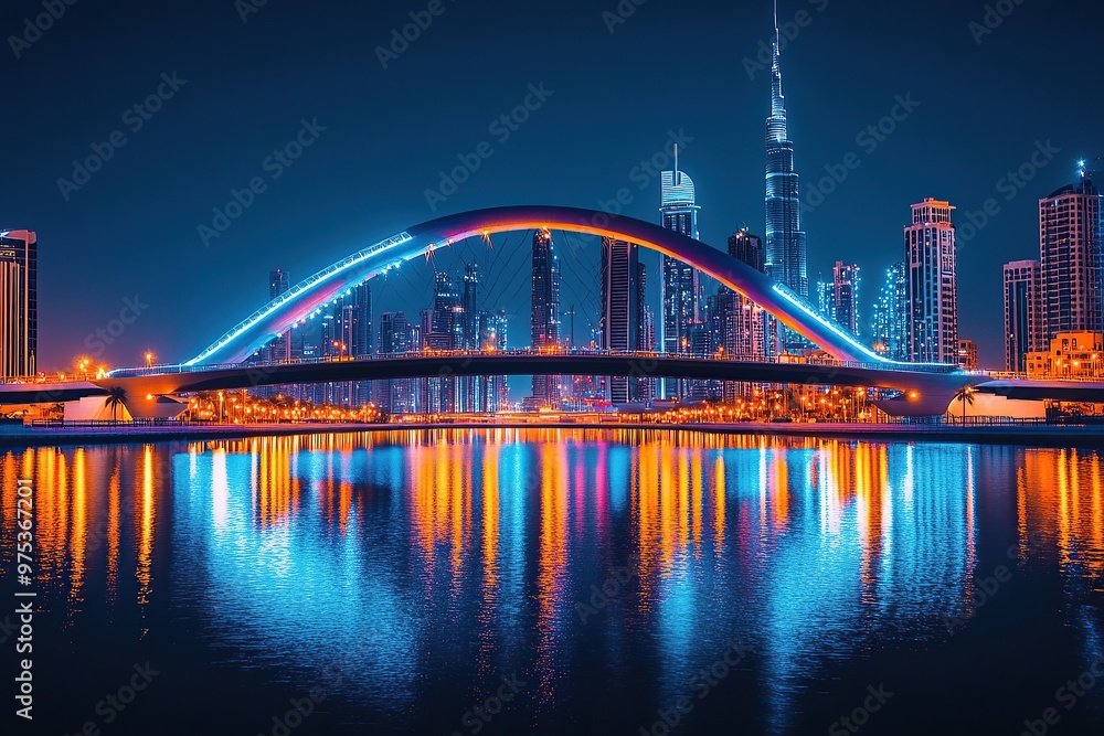 Fototapeta premium Photo of Dubai's skyline at night, with illuminated skyscrapers and bridges over the water